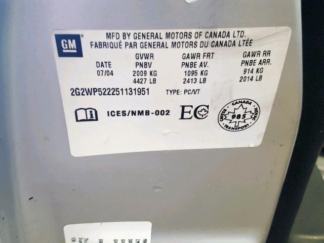 2G2WP522251131951 - 2005 PONTIAC GRAND PRIX SILVER photo 10