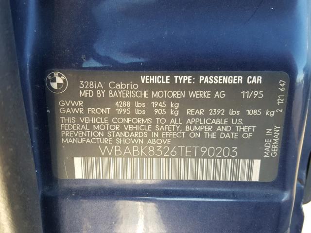 WBABK8326TET90203 - 1996 BMW 328 IC AUT BLUE photo 10