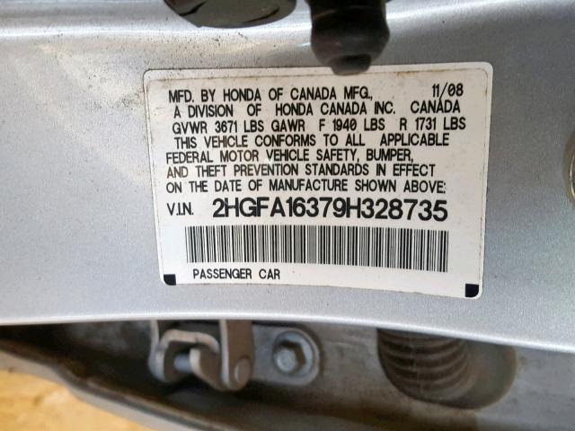 2HGFA16379H328735 - 2009 HONDA CIVIC VP SILVER photo 10