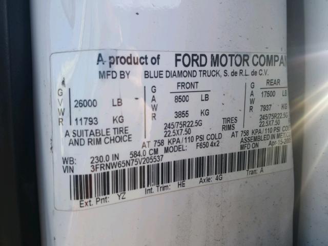 3FRNW65N75V205537 - 2005 FORD F650 SUPER WHITE photo 10