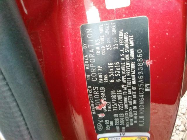 KNDMG4C35A6338860 - 2010 KIA SEDONA LX RED photo 10