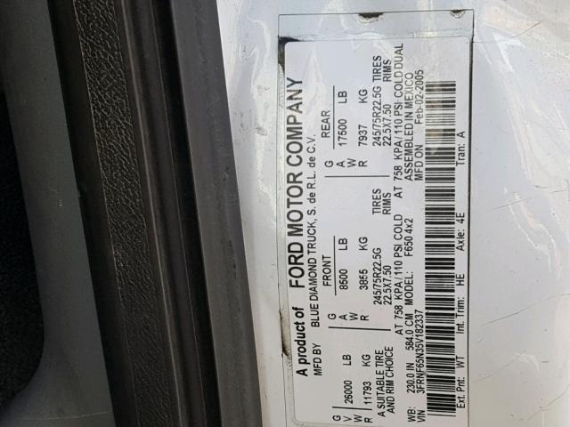 3FRNF65N35V182337 - 2005 FORD F650 SUPER WHITE photo 10