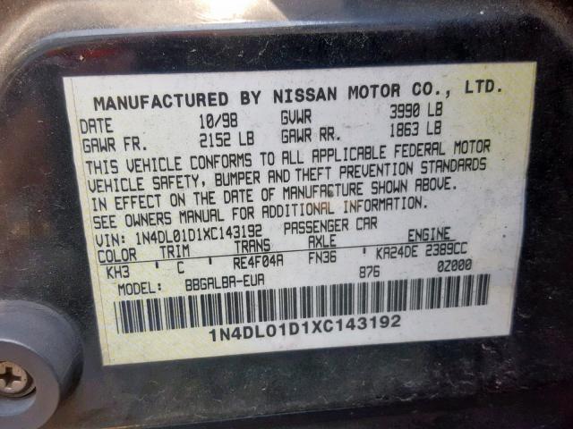 1N4DL01D1XC143192 - 1999 NISSAN ALTIMA XE BLACK photo 10