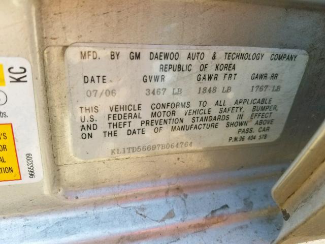 KL1TD56697B064764 - 2007 CHEVROLET AVEO BASE ვერცხლისფერი ფოტო 10