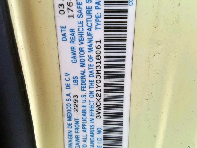 3VWCK21Y03M318061 - 2003 VOLKSWAGEN NEW BEETLE ყვითელი ფოტო 10