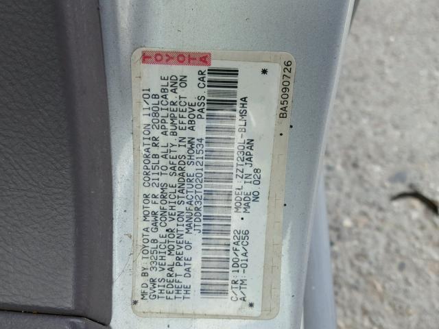 JTDDR32T020121534 - 2002 TOYOTA CELICA GT SILVER photo 10