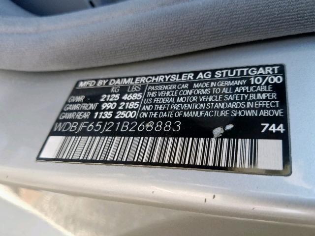 WDBJF65J21B268883 - 2001 MERCEDES-BENZ E 320 SILVER photo 10