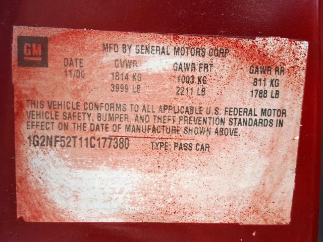 1G2NF52T11C177380 - 2001 PONTIAC GRAND AM S RED photo 10