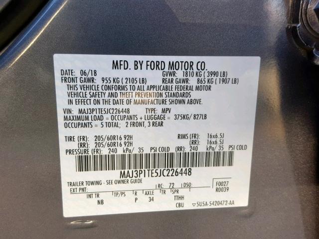 MAJ3P1TE5JC226448 - 2018 FORD ECOSPORT S GRAY photo 10