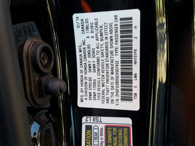 2HGFG3B05EH507453 - 2014 HONDA CIVIC EXL BLACK photo 10