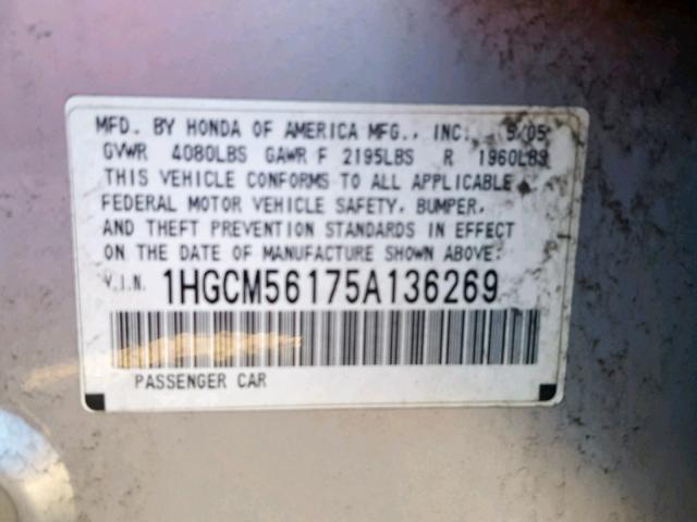 1HGCM56175A136269 - 2005 HONDA ACCORD DX SILVER photo 10