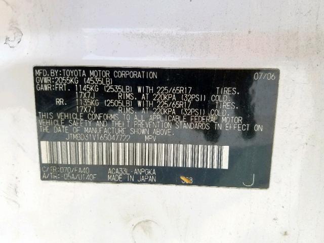 JTMBD31V165047722 - 2006 TOYOTA RAV4 LIMIT WHITE photo 10