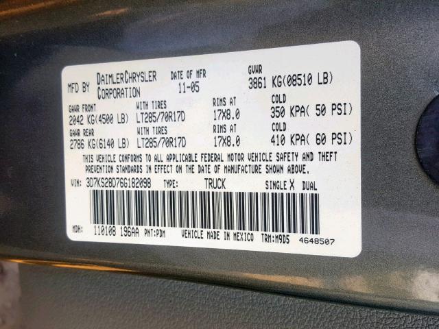 3D7KS28D76G182098 - 2006 DODGE RAM 2500 S ნაცრისფერი ფოტო 10