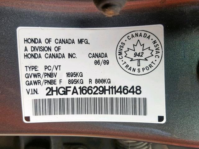 2HGFA16629H114648 - 2009 HONDA CIVIC LX-S ნაცრისფერი ფოტო 10