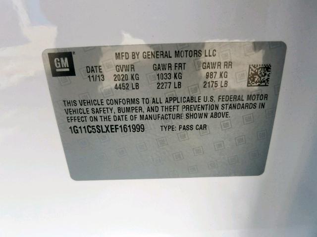 1G11C5SLXEF161999 - 2014 CHEVROLET MALIBU 1LT 白色 照片 10