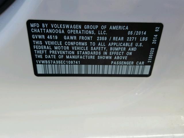 1VWBS7A35EC109741 - 2014 VOLKSWAGEN PASSAT SE WHITE photo 10