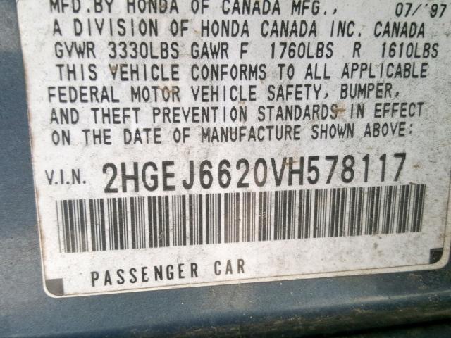 2HGEJ6620VH578117 - 1997 HONDA CIVIC DX BLUE photo 10