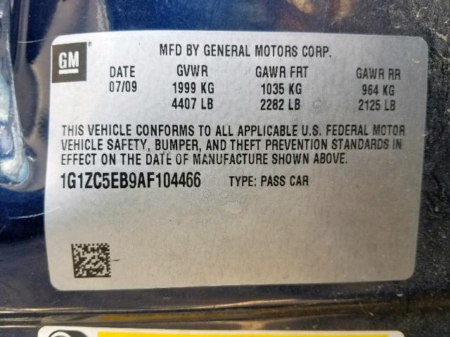 1G1ZC5EB9AF104466 - 2010 CHEVROLET MALIBU 1LT BLUE photo 10