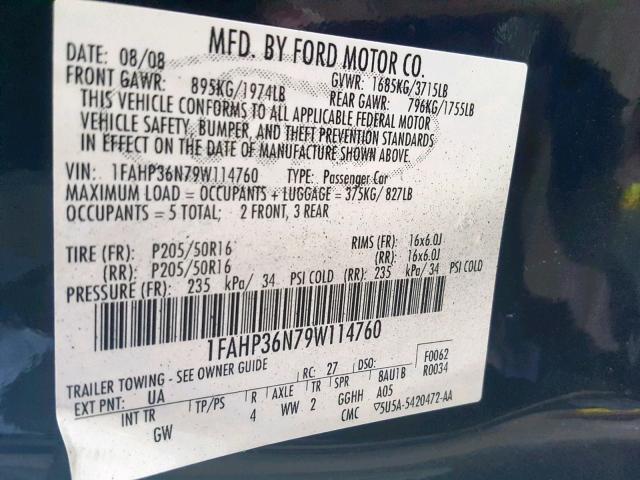 1FAHP36N79W114760 - 2009 FORD FOCUS SES BLACK photo 10