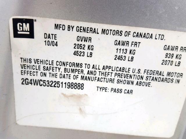 2G4WC532251198888 - 2005 BUICK LACROSSE C SILVER photo 10