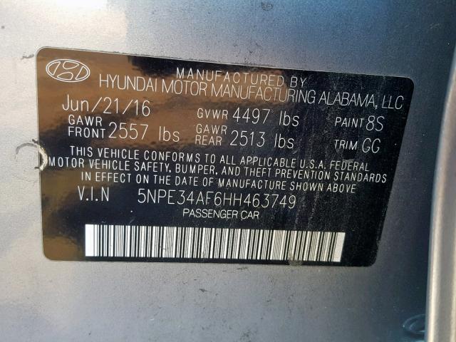 5NPE34AF6HH463749 - 2017 HYUNDAI SONATA SPO SILVER photo 10