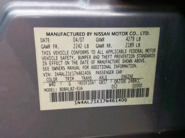 1N4AL21E17N461406 - 2007 NISSAN ALTIMA 2.5 GRAY photo 10