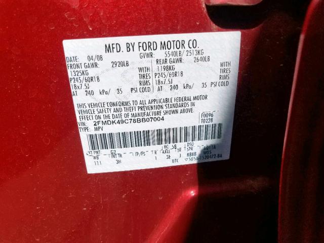 2FMDK49C78BB07004 - 2008 FORD EDGE LIMIT RED photo 10