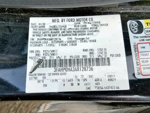 3FAHP0HA3AR128736 - 2010 FORD FUSION SE BLACK photo 10