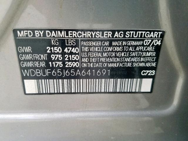 WDBUF65J65A641691 - 2005 MERCEDES-BENZ E 320 SILVER photo 10