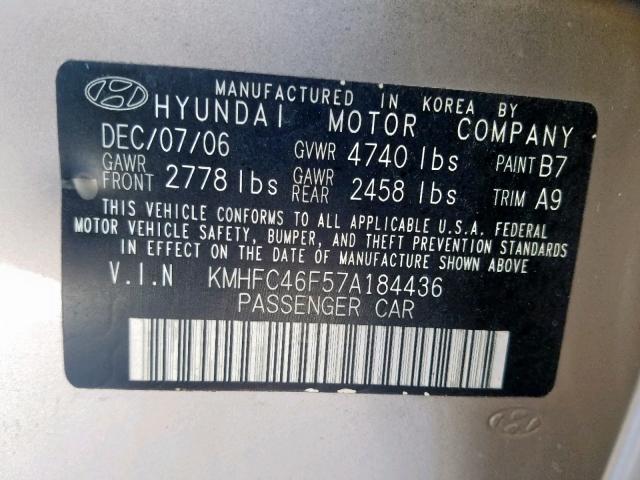 KMHFC46F57A184436 - 2007 HYUNDAI AZERA SE GOLD photo 10