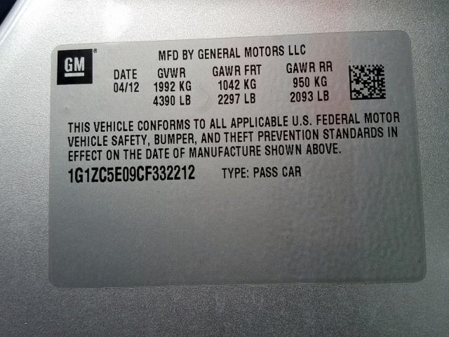 1G1ZC5E09CF332212 - 2012 CHEVROLET MALIBU 1LT SILVER photo 10