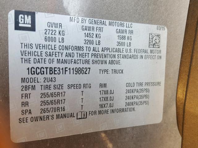 1GCGTBE31F1198627 - 2015 CHEVROLET COLORADO L BROWN photo 10