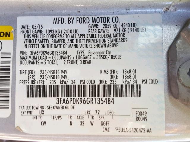 3FA6P0K96GR135484 - 2016 FORD FUSION TIT SILVER photo 10