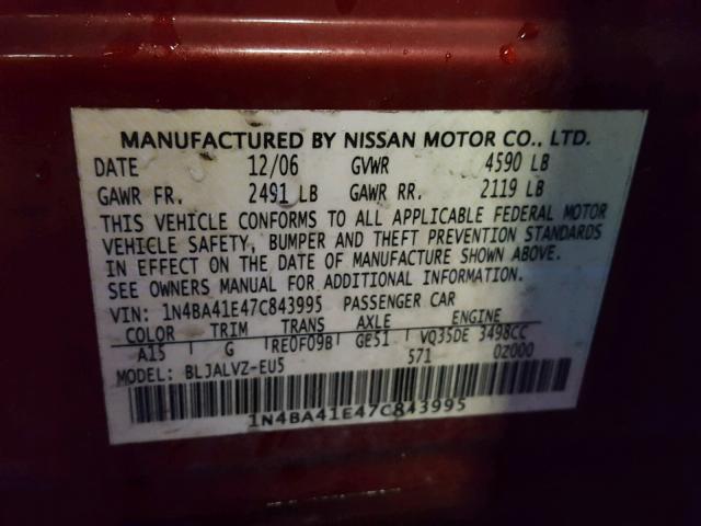 1N4BA41E47C843995 - 2007 NISSAN MAXIMA SE RED photo 10