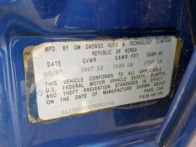 KL1TD56667B082056 - 2007 CHEVROLET AVEO BASE ლურჯი ფოტო 10