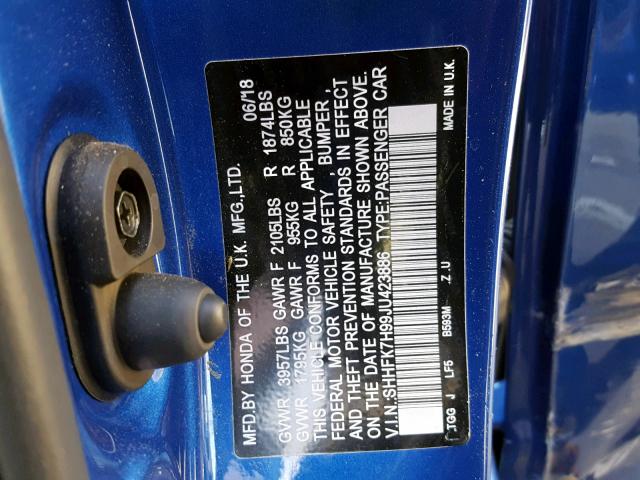 SHHFK7H99JU423886 - 2018 HONDA CIVIC SPOR BLUE photo 10