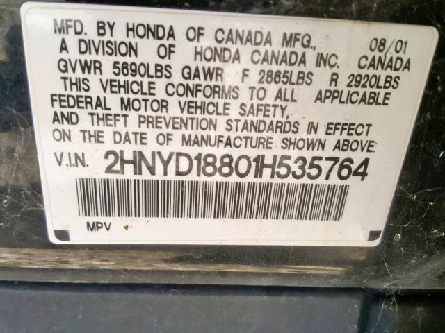 2HNYD18801H535764 - 2001 ACURA MDX TOURIN BLACK photo 10