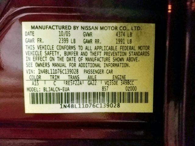 1N4BL11D76C139028 - 2006 NISSAN ALTIMA SE BURGUNDY photo 10