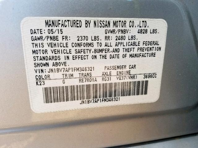 JN1BV7AP1FM346321 - 2015 INFINITI Q50 BASE SILVER photo 10