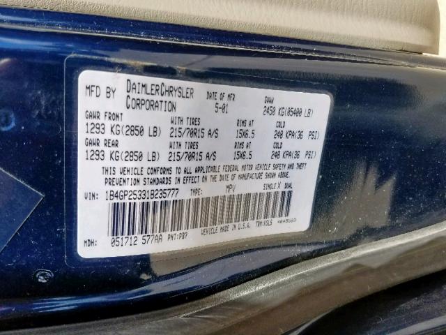 1B4GP25331B235777 - 2001 DODGE CARAVAN SE BLUE photo 10