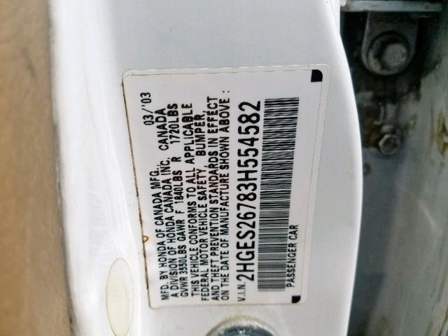 2HGES26783H554582 - 2003 HONDA CIVIC EX WHITE photo 10