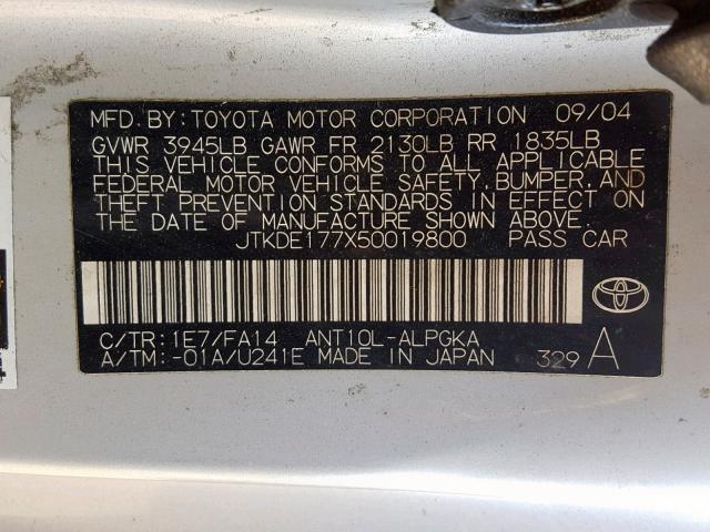 JTKDE177X50019800 - 2005 TOYOTA SCION TC ვერცხლისფერი ფოტო 10