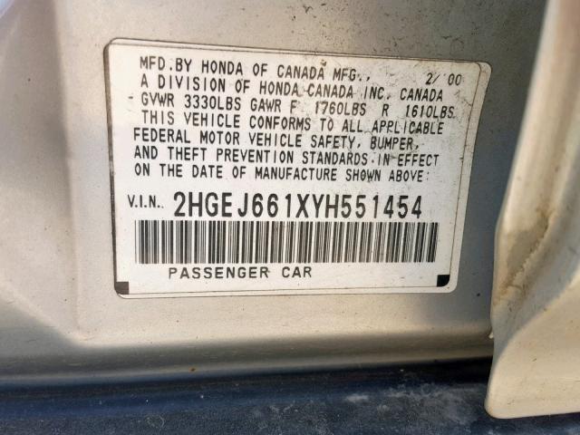 2HGEJ661XYH551454 - 2000 HONDA CIVIC BASE SILVER photo 10