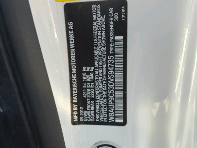 WBAUP9C53DVS94735 - 2013 BMW 128 I WHITE photo 10