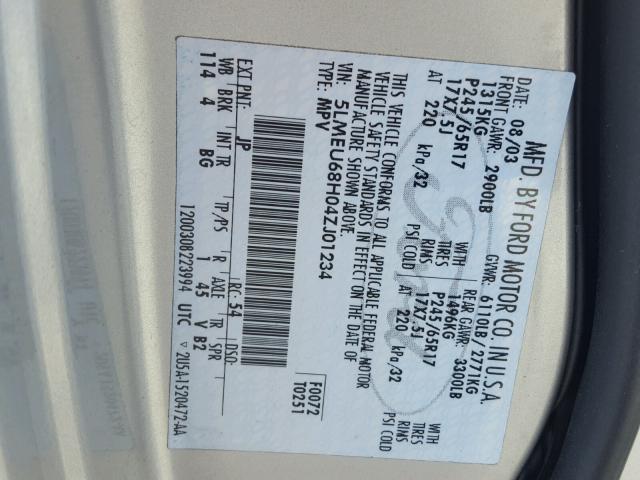 5LMEU68H04ZJ01234 - 2004 LINCOLN AVIATOR 灰色 照片 10