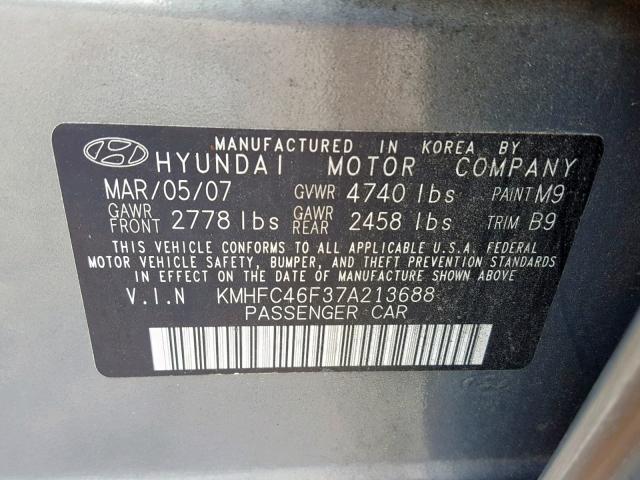 KMHFC46F37A213688 - 2007 HYUNDAI AZERA SE GREEN photo 10