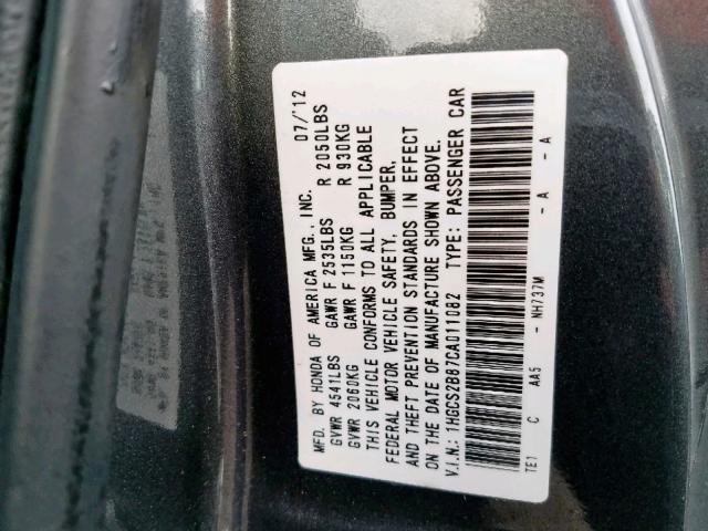 1HGCS2B87CA011082 - 2012 HONDA ACCORD EXL GRAY photo 10