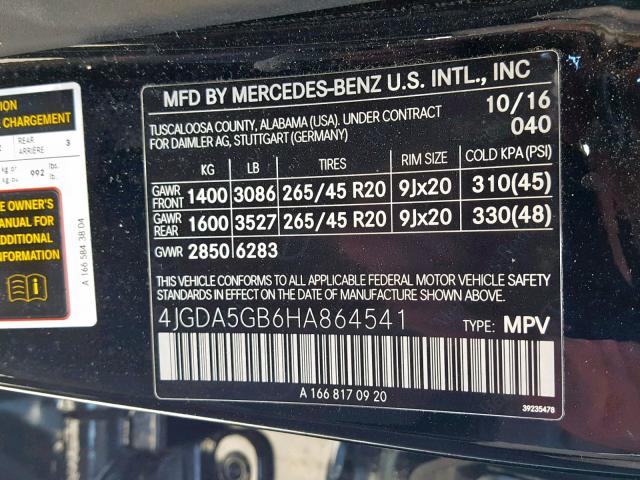 4JGDA5GB6HA864541 - 2017 MERCEDES-BENZ GLE 400 4M BLACK photo 10