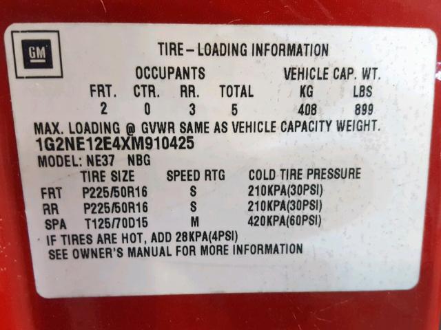 1G2NE12E4XM910425 - 1999 PONTIAC GRAND AM S RED photo 10