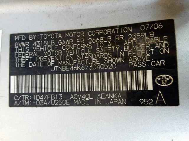 JTNBE46K673040520 - 2007 TOYOTA CAMRY NEW SILVER photo 10